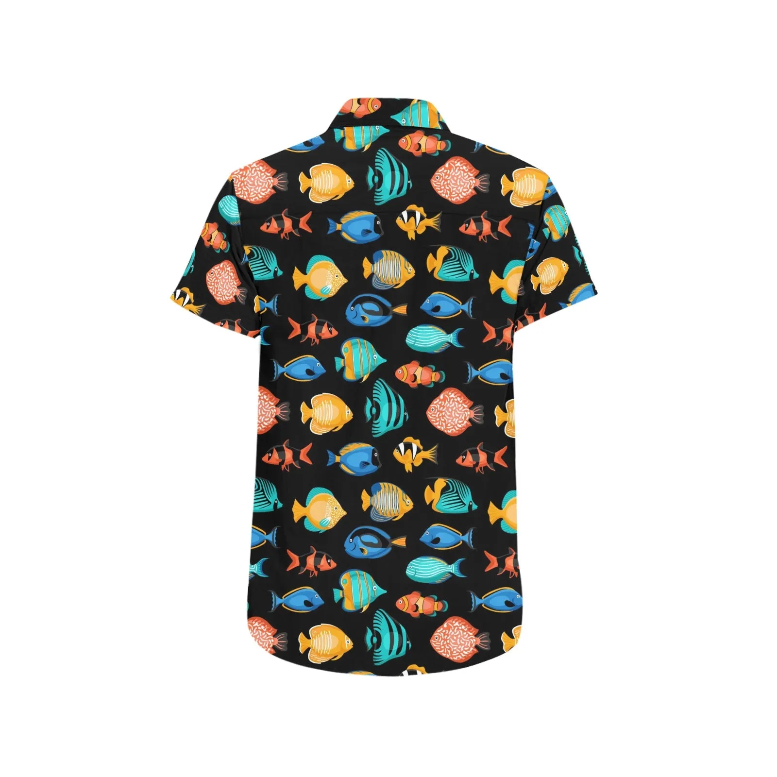 Tropical Fish Short Sleeve Men Button Up Shirt, Exotic Fishing Colorful Print Casual Buttoned Down Summer Casual Dress Plus Size Collared