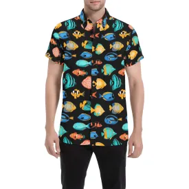 Tropical Fish Short Sleeve Men Button Up Shirt, Exotic Fishing Colorful Print Casual Buttoned Down Summer Casual Dress Plus Size Collared