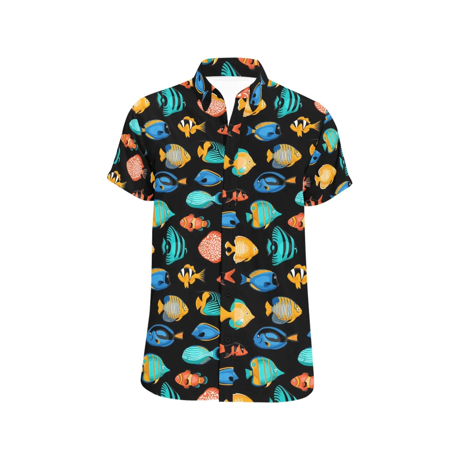 Tropical Fish Short Sleeve Men Button Up Shirt, Exotic Fishing Colorful Print Casual Buttoned Down Summer Casual Dress Plus Size Collared