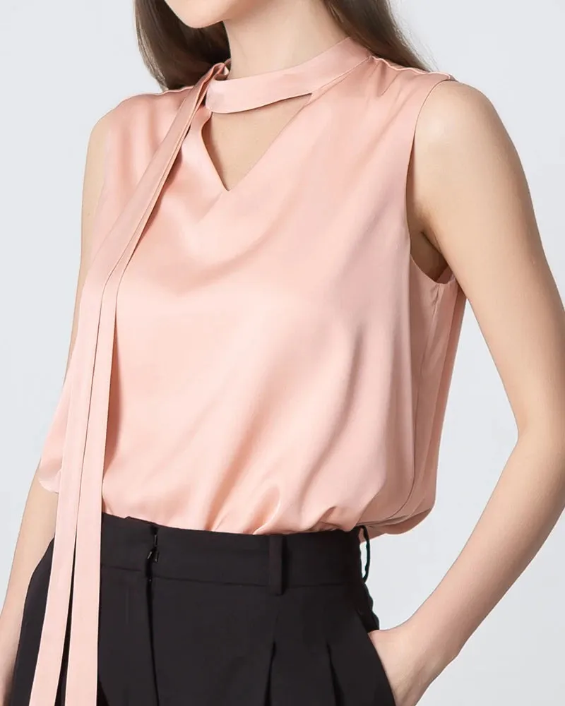 V-neck Tie Front Sleeveless Silk Blouse