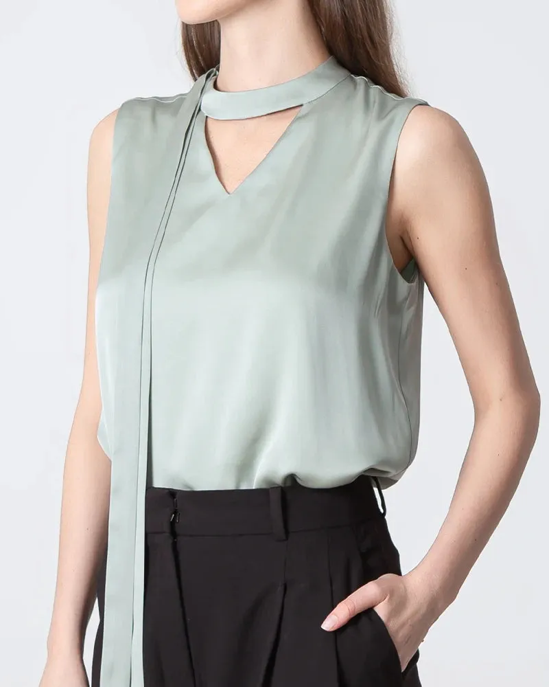 V-neck Tie Front Sleeveless Silk Blouse