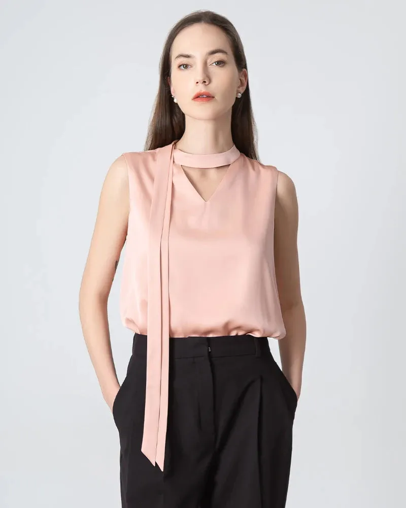 V-neck Tie Front Sleeveless Silk Blouse