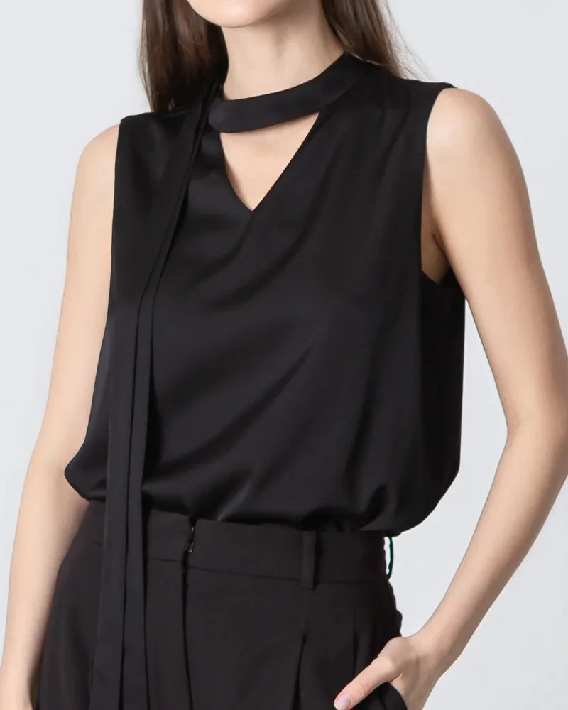 V-neck Tie Front Sleeveless Silk Blouse