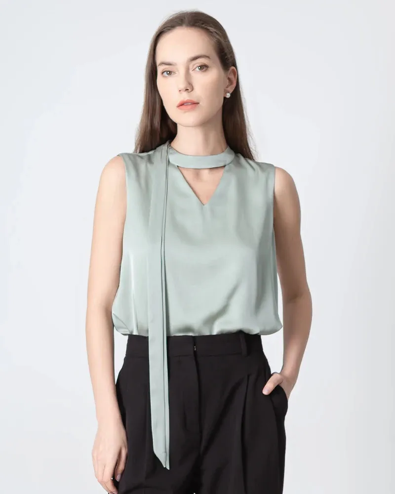 V-neck Tie Front Sleeveless Silk Blouse