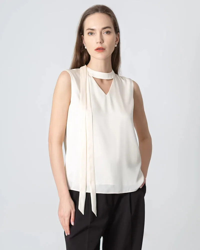 V-neck Tie Front Sleeveless Silk Blouse