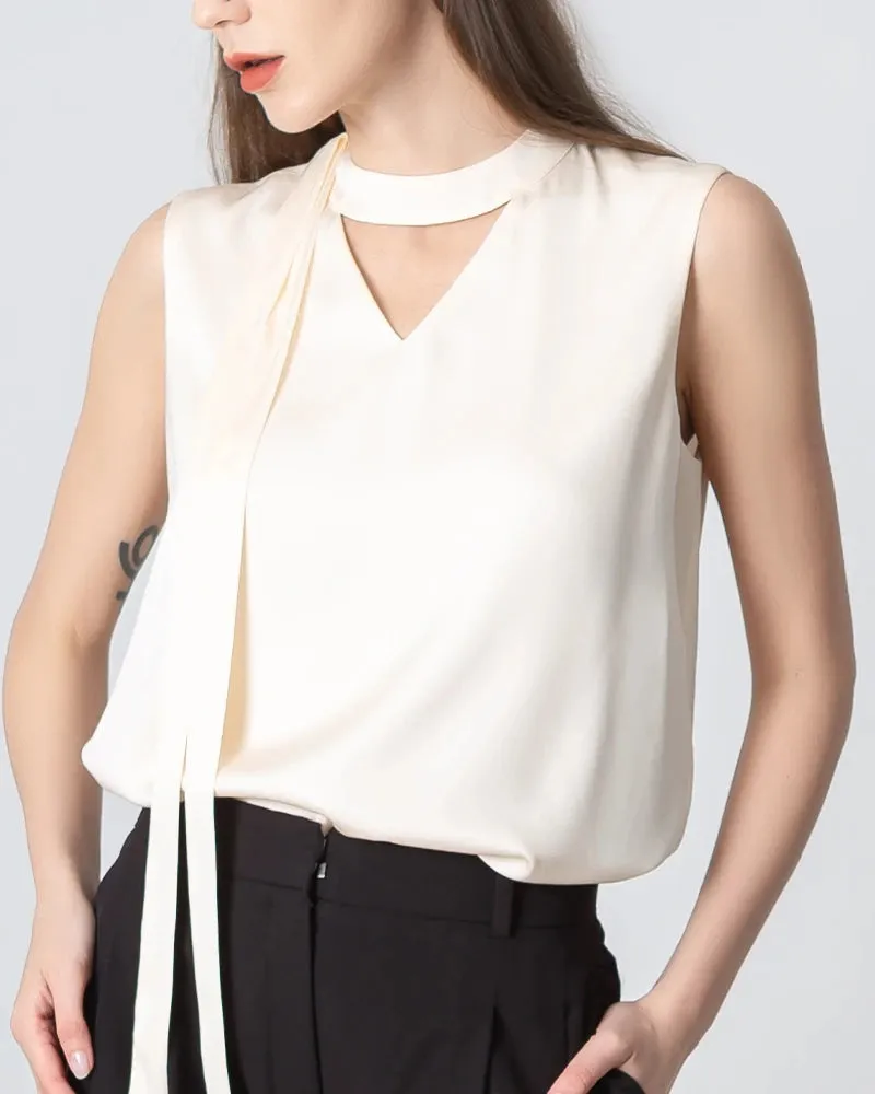 V-neck Tie Front Sleeveless Silk Blouse