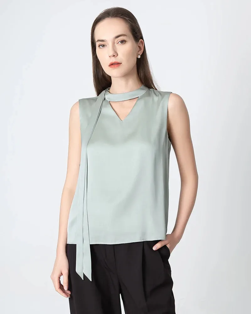 V-neck Tie Front Sleeveless Silk Blouse