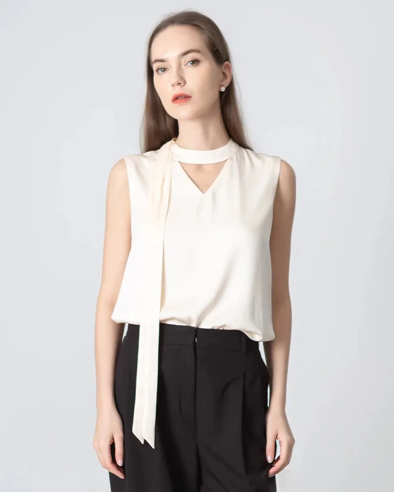 V-neck Tie Front Sleeveless Silk Blouse