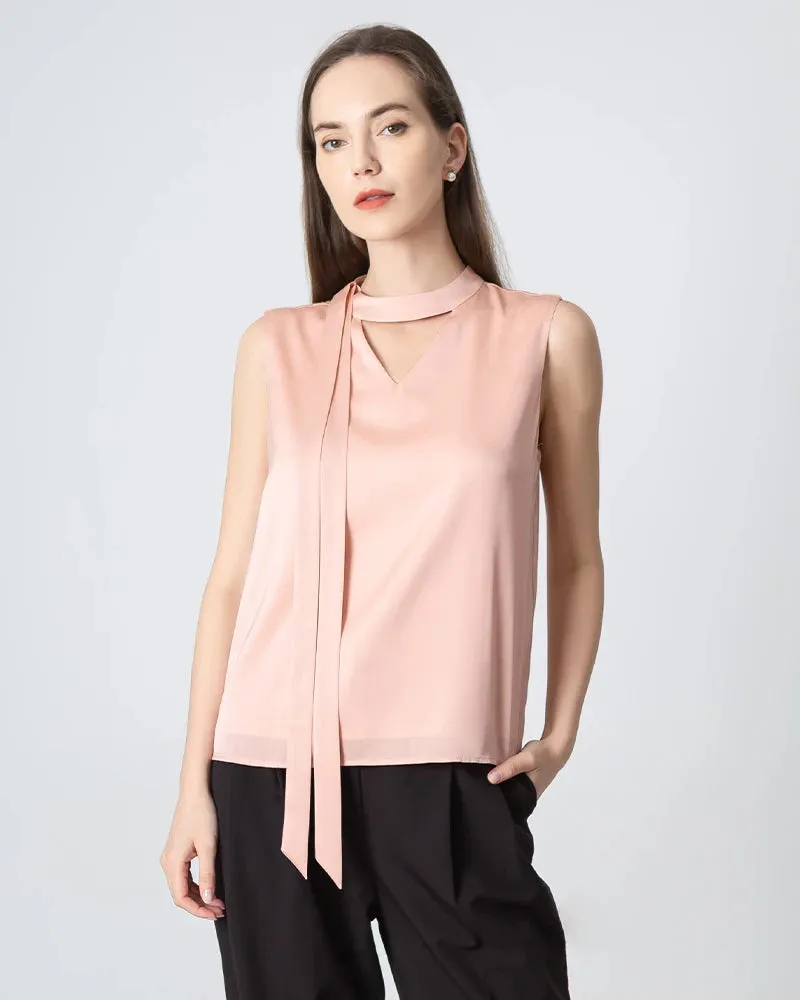 V-neck Tie Front Sleeveless Silk Blouse