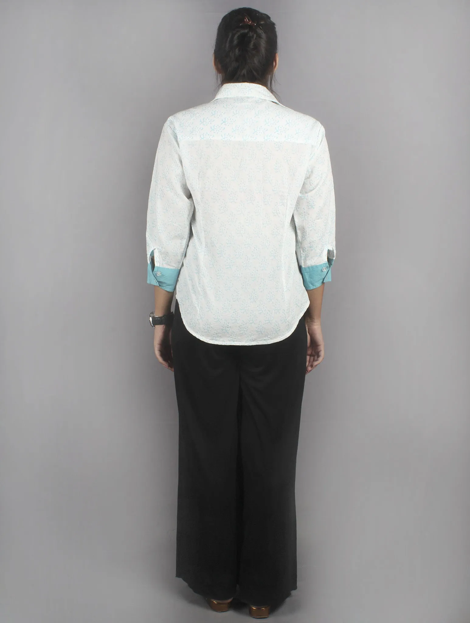 White Blue Hand Block Printed Shirt- S3517019