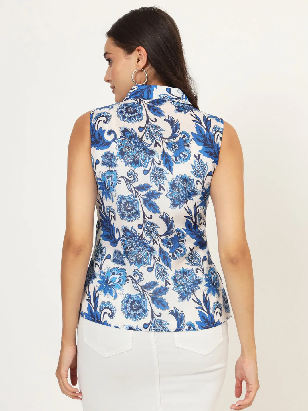 Women Classic Floral Printed Casual Sleeveless Shirt