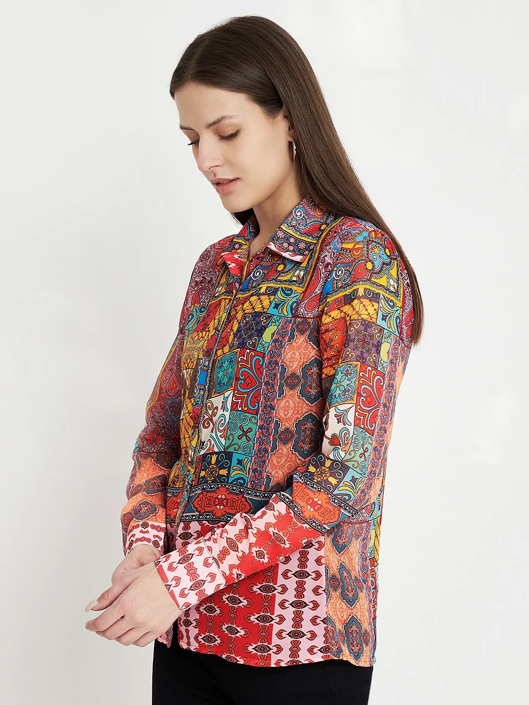 Women Classic Semi Sheer Printed Printed Shirt