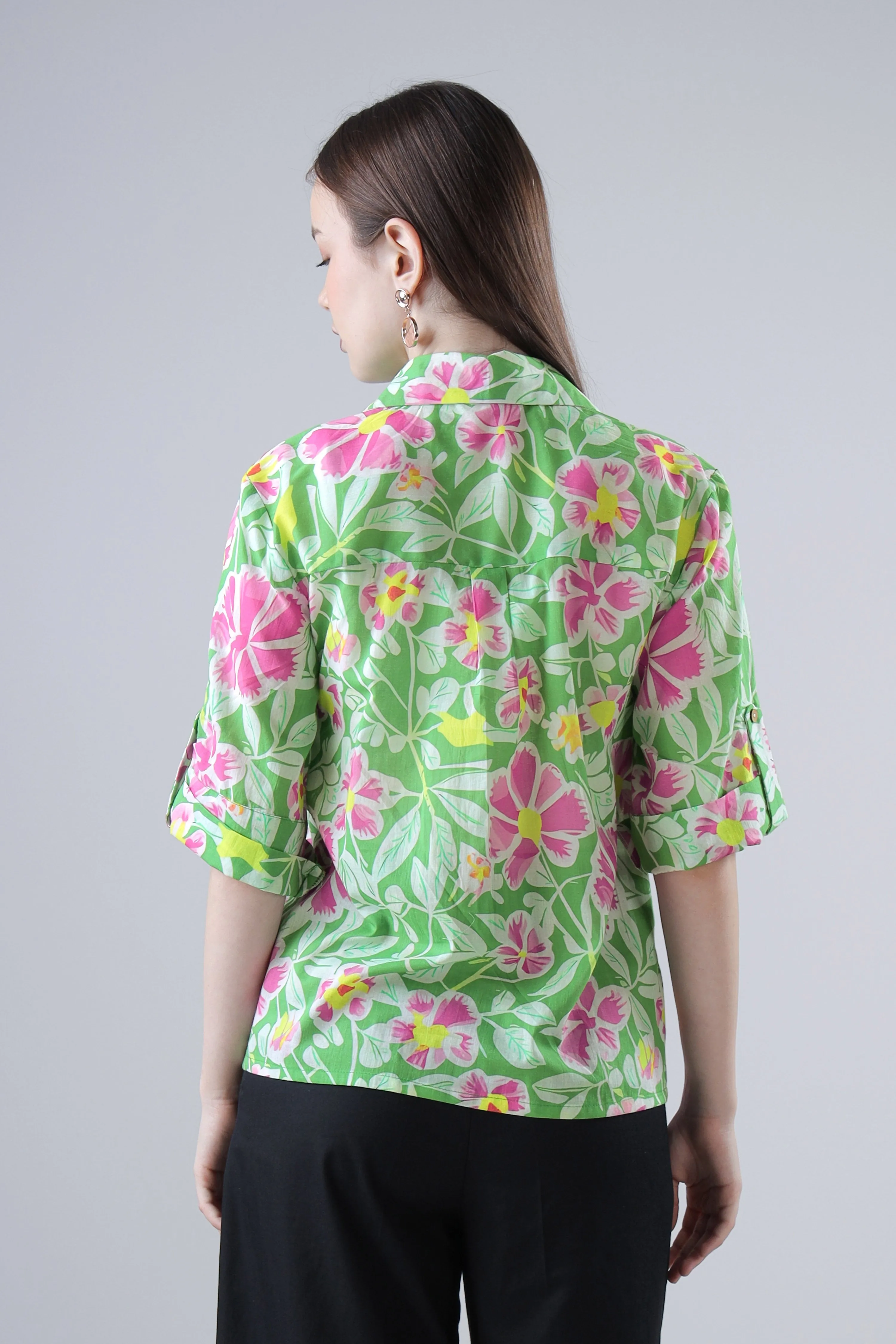 Women Green Floral Roll Up Sleeve Cotton Shirt