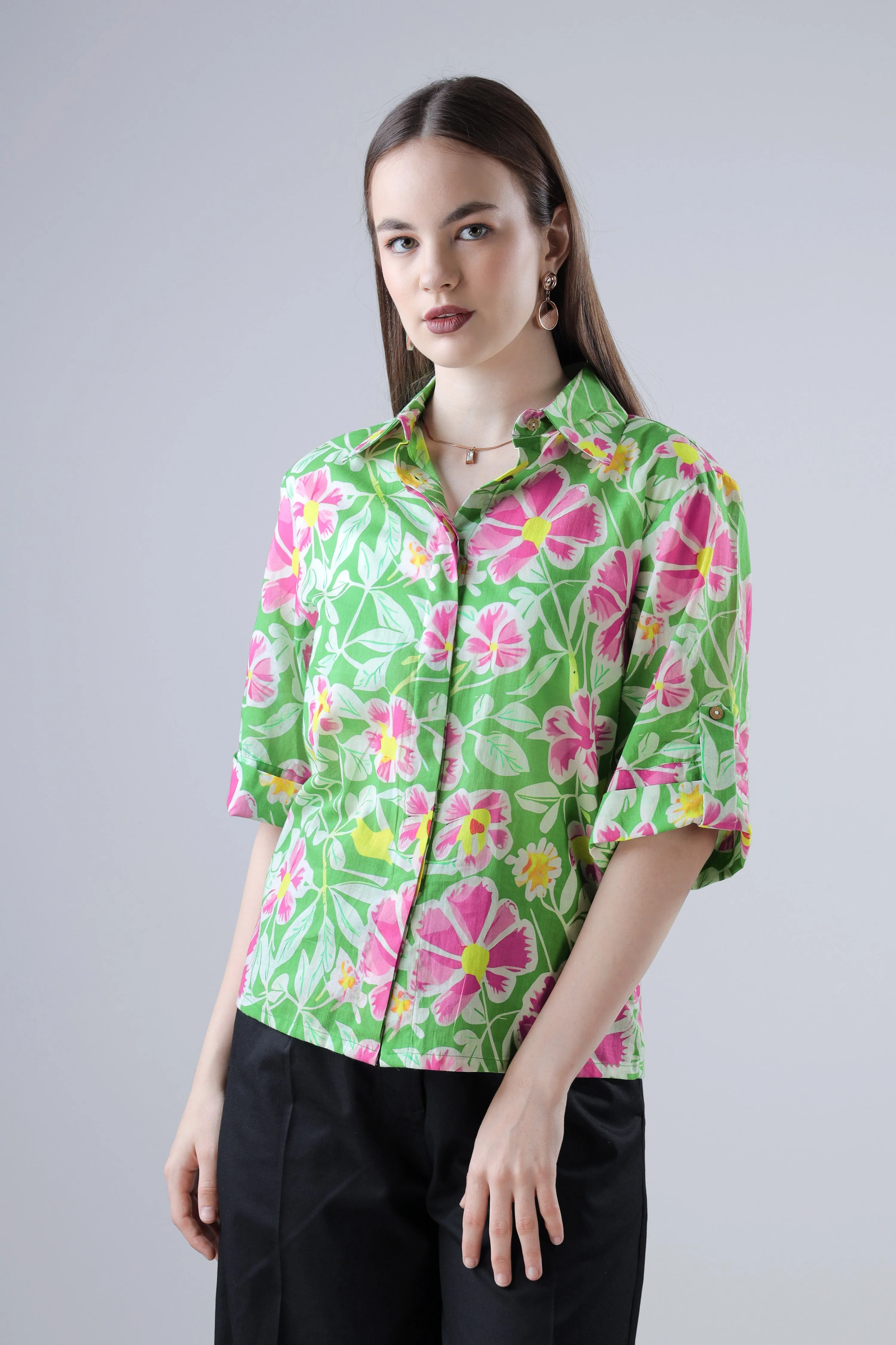 Women Green Floral Roll Up Sleeve Cotton Shirt