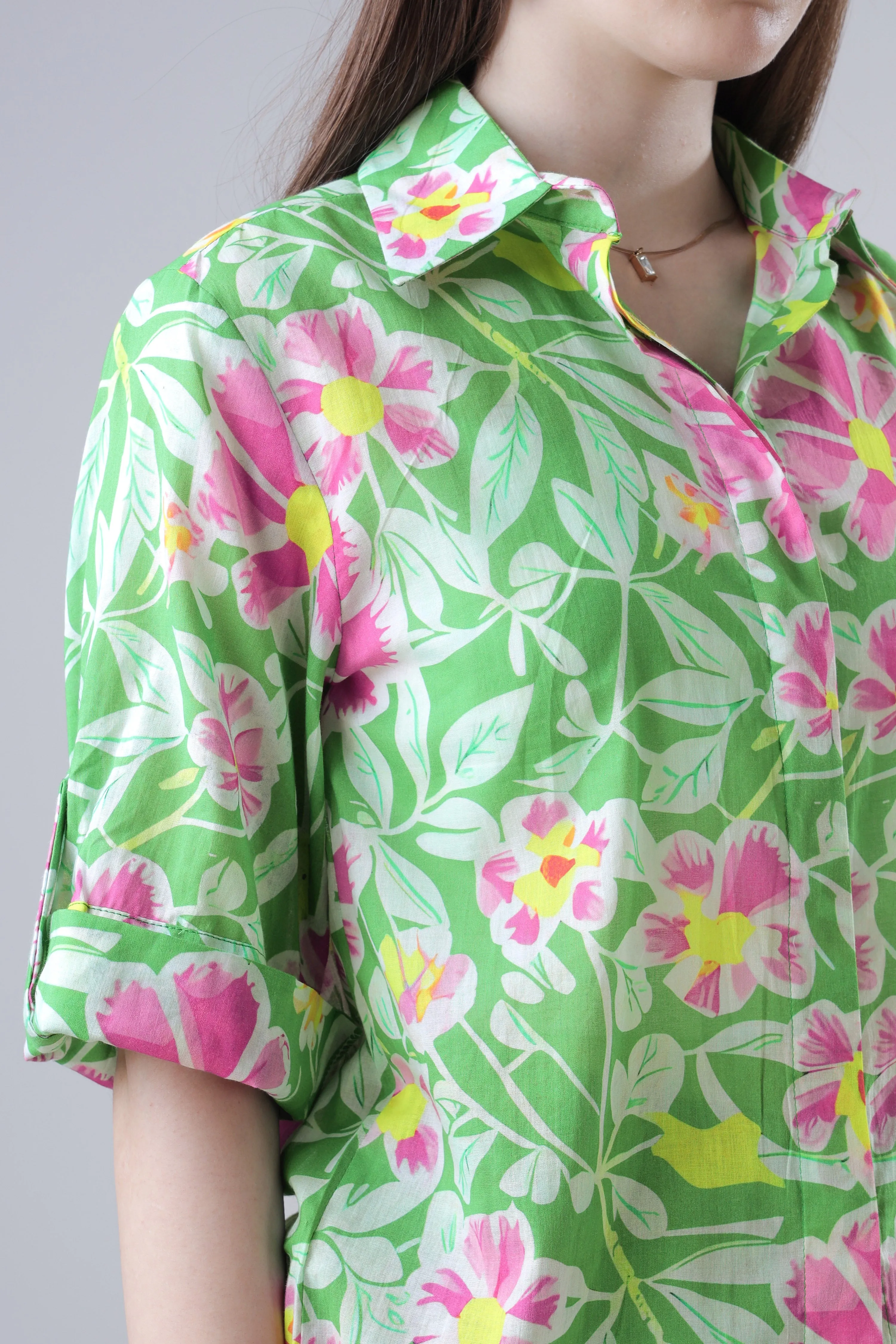 Women Green Floral Roll Up Sleeve Cotton Shirt