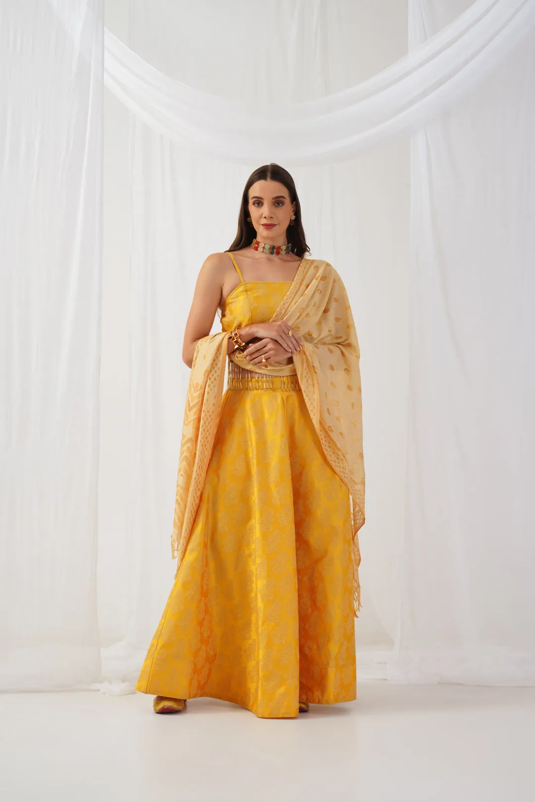 Yellow Beads & Stones Ready To Wear Lehenga & Blouse With Dupatta