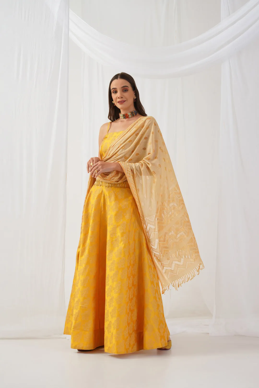 Yellow Beads & Stones Ready To Wear Lehenga & Blouse With Dupatta