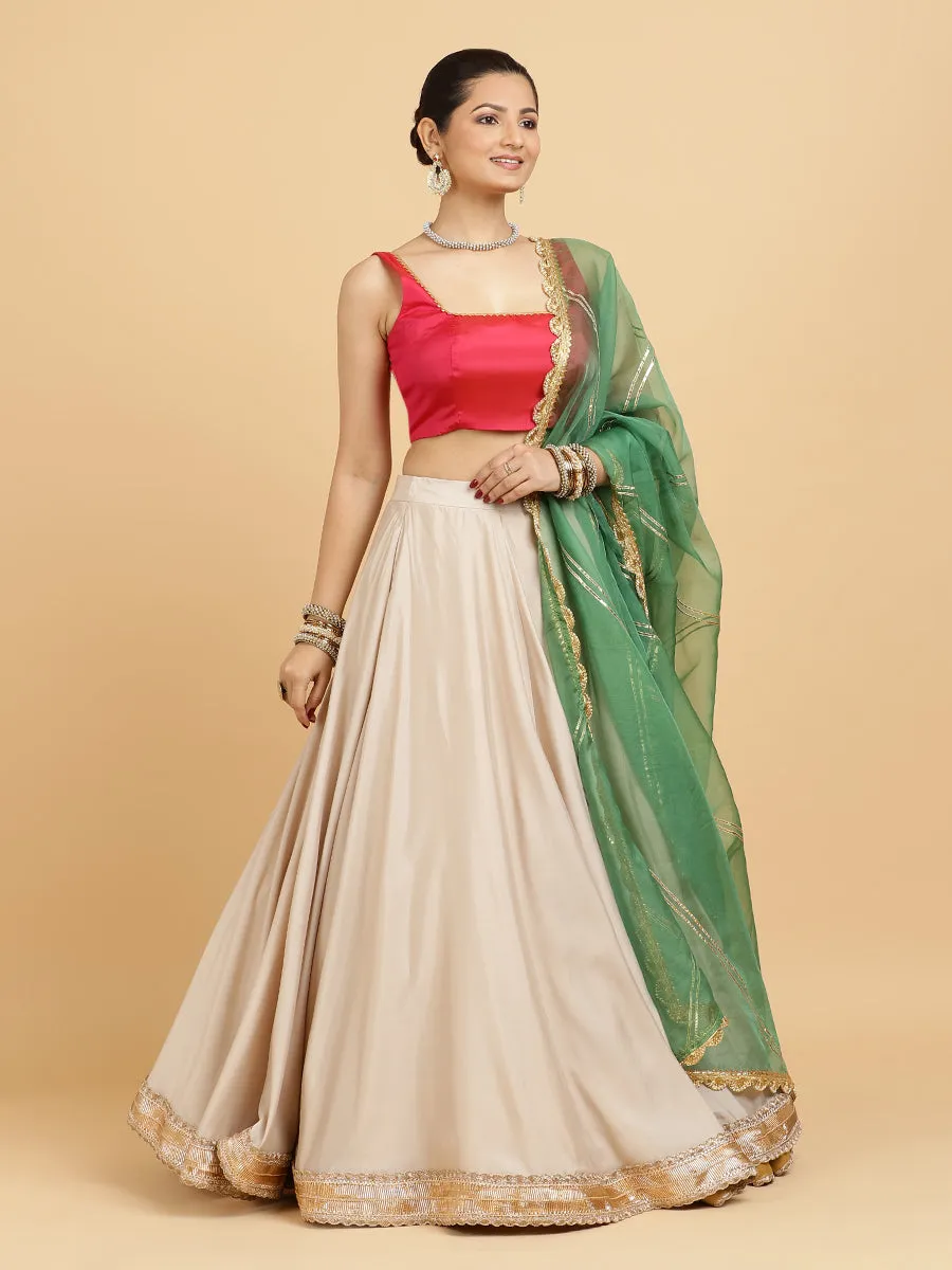 Zainab Zeba 4-Pc Lehenga Set x Tyohaar | Oyster Grey Lehenga, Rani Pink Blouse with Panna Emerald Green Dupatta and Cancan Skirt