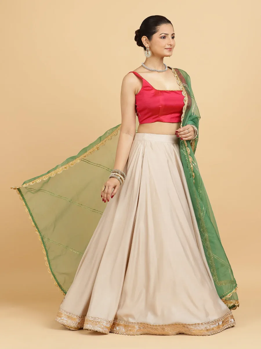 Zainab Zeba 4-Pc Lehenga Set x Tyohaar | Oyster Grey Lehenga, Rani Pink Blouse with Panna Emerald Green Dupatta and Cancan Skirt