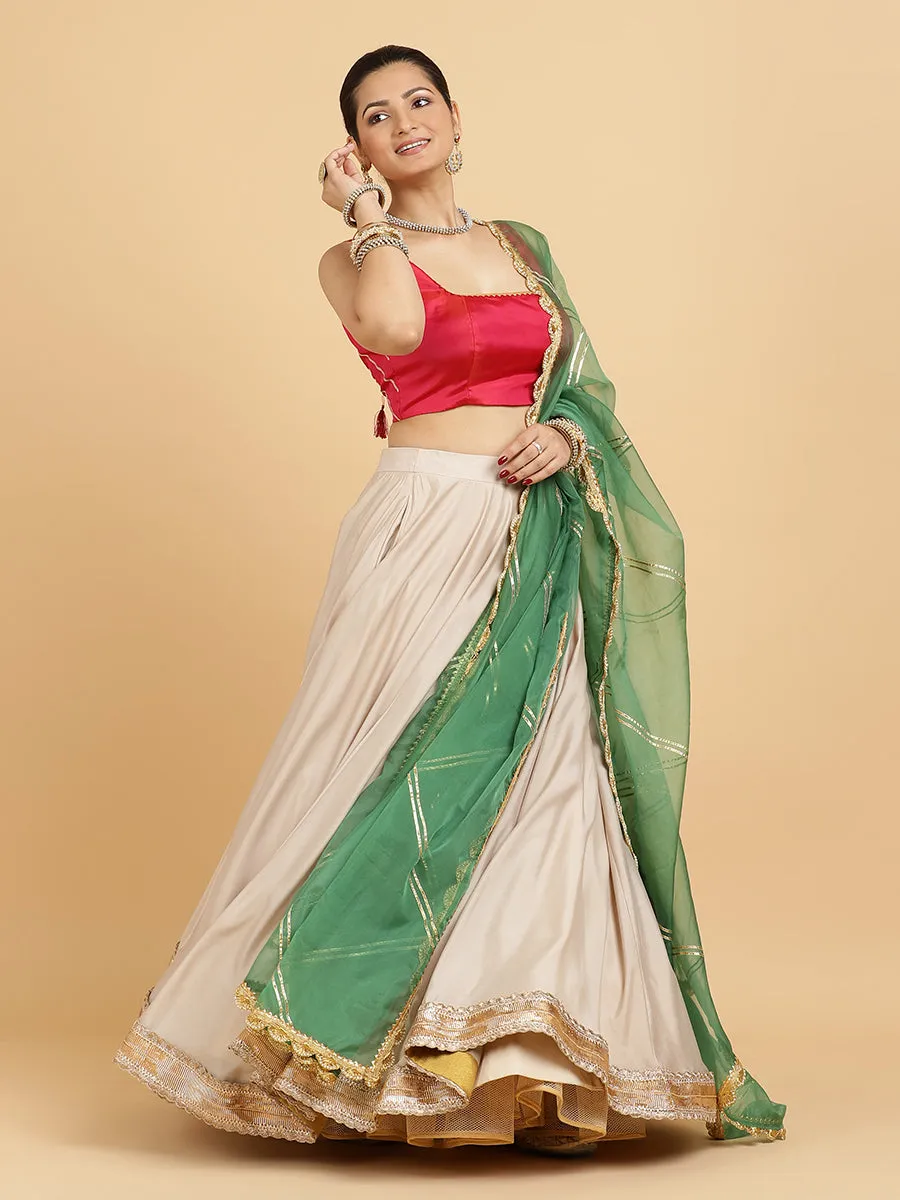 Zainab Zeba 4-Pc Lehenga Set x Tyohaar | Oyster Grey Lehenga, Rani Pink Blouse with Panna Emerald Green Dupatta and Cancan Skirt