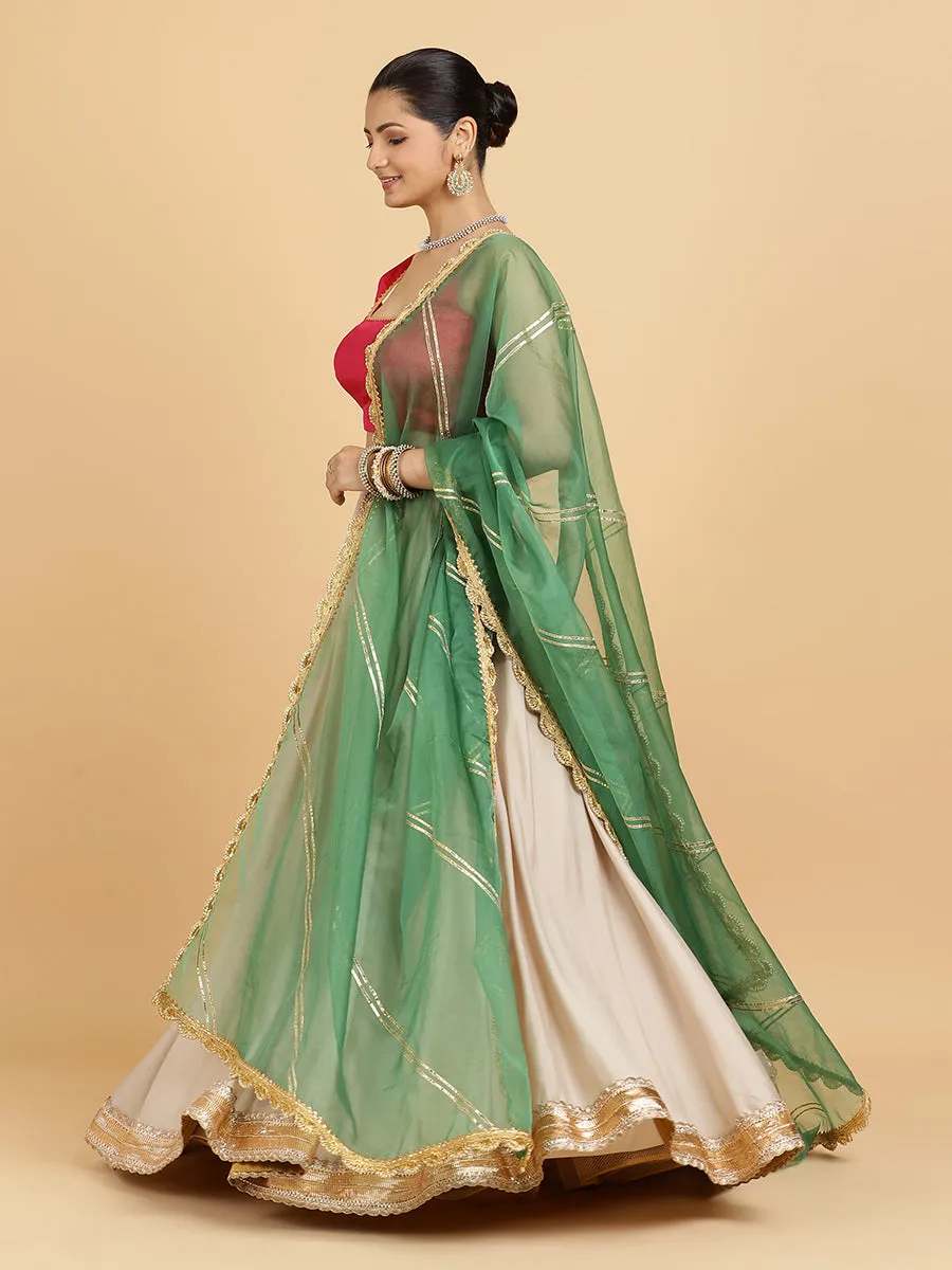 Zainab Zeba 4-Pc Lehenga Set x Tyohaar | Oyster Grey Lehenga, Rani Pink Blouse with Panna Emerald Green Dupatta and Cancan Skirt