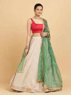 Zainab Zeba 4-Pc Lehenga Set x Tyohaar | Oyster Grey Lehenga, Rani Pink Blouse with Panna Emerald Green Dupatta and Cancan Skirt